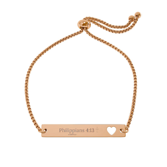 Philippians 4:13 Scripture Bar Bracelet — Heart Cutout Adjustable Cuff