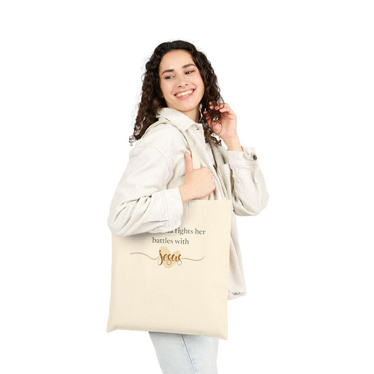 Christian Tote Bag | Mama Fights Her Battles With Jesus | Faith Canvas Tote | Scripture Gift for Mom