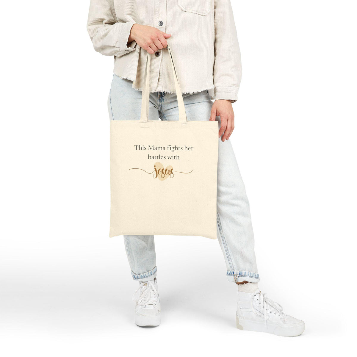 Christian Tote Bag | Mama Fights Her Battles With Jesus | Faith Canvas Tote | Scripture Gift for Mom