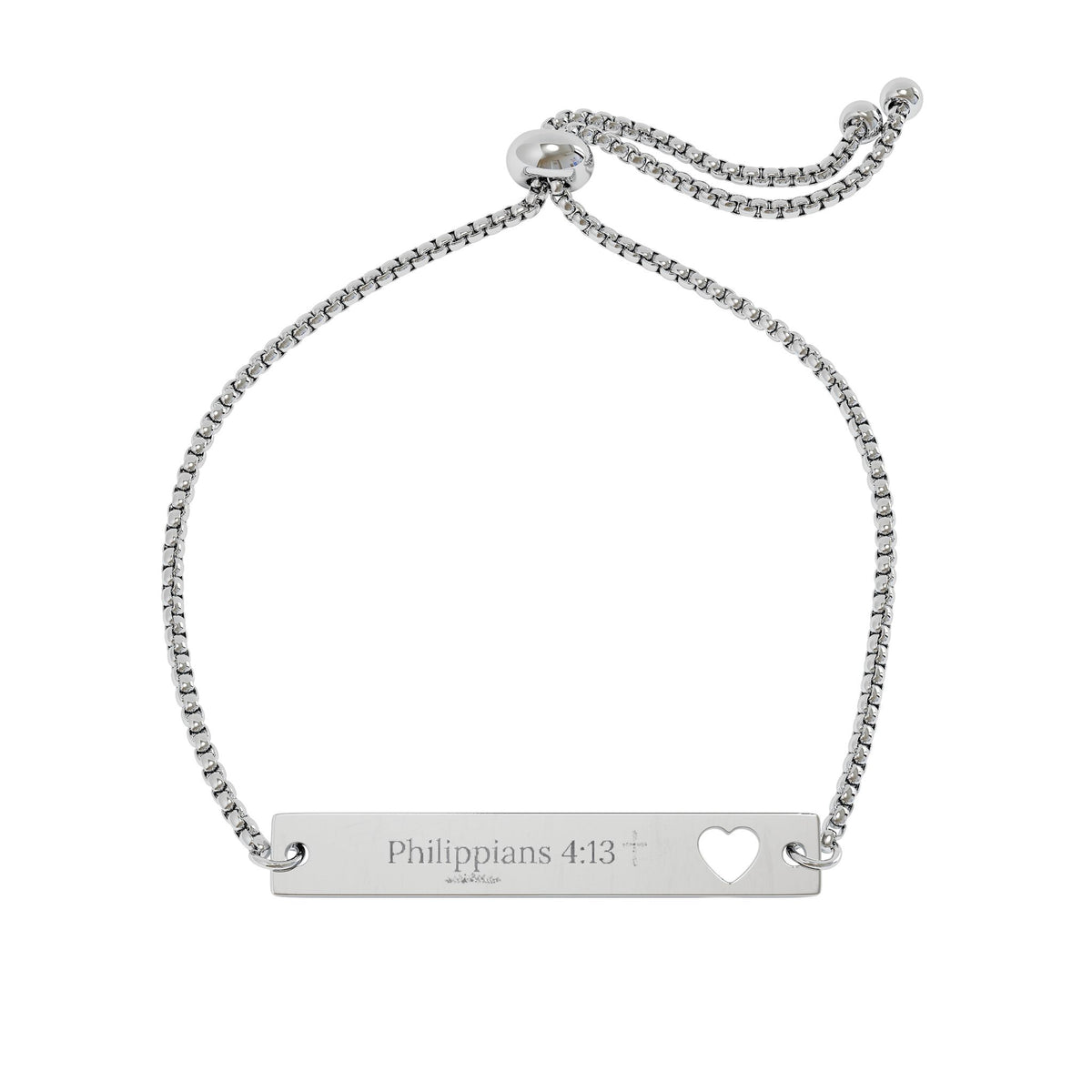Philippians 4:13 Scripture Bar Bracelet — Heart Cutout Adjustable Cuff