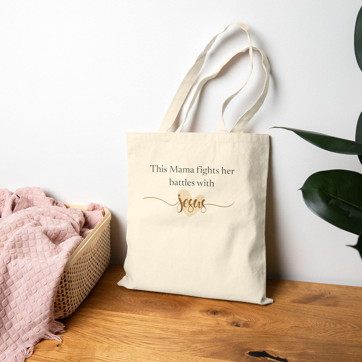 Christian Tote Bag | Mama Fights Her Battles With Jesus | Faith Canvas Tote | Scripture Gift for Mom