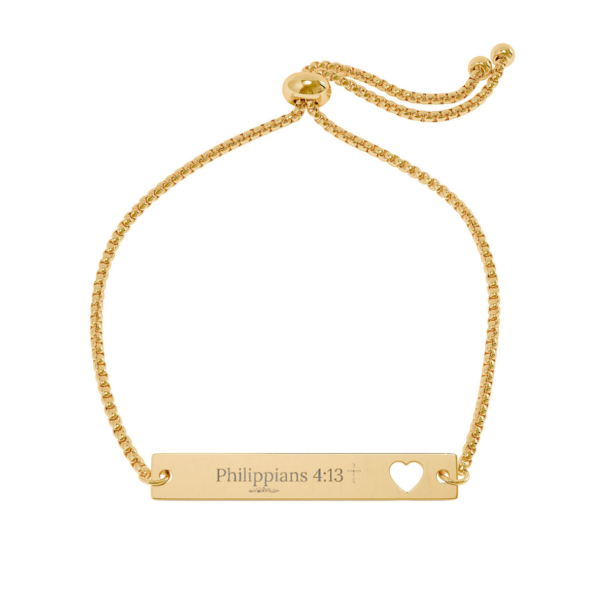 Philippians 4:13 Scripture Bar Bracelet — Heart Cutout Adjustable Cuff
